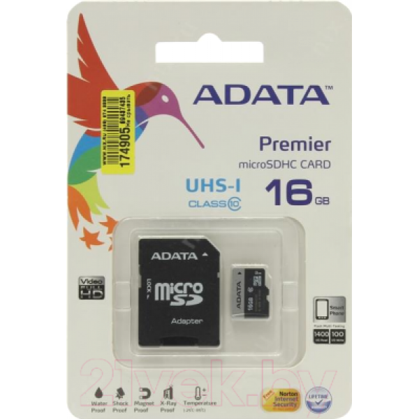 Карта памяти A-data Premier microSDHC UHS-I U1 (10 Class) 16 Gb (AUSDH16GUICL10-RA1)