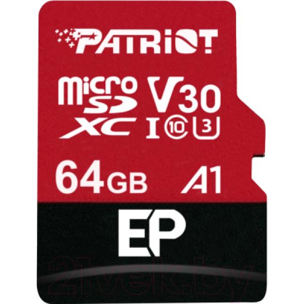 Карта памяти Patriot microSDXC EP Series UHS-I U3 V30 A1 64GB (PEF64GEP31MCX)