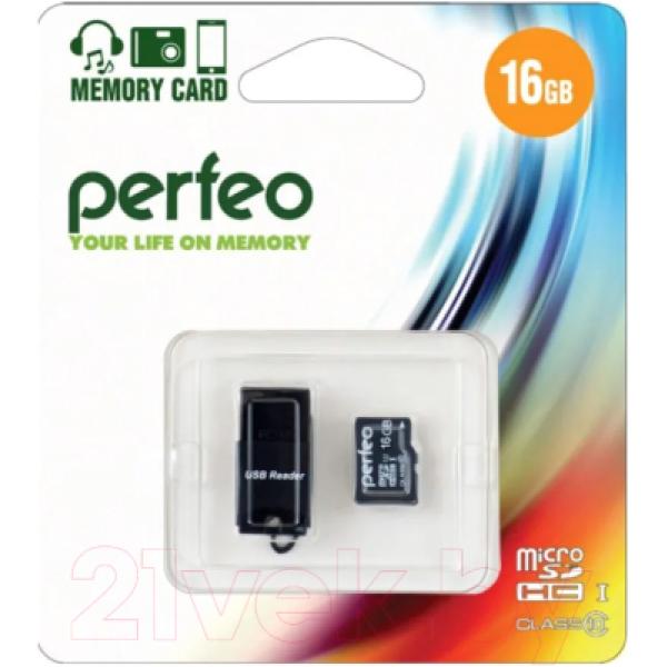 Карта памяти Perfeo MicroSDHC 16GB (Class 10) + USB MicroSD Reader / PF16GMCSH10CR