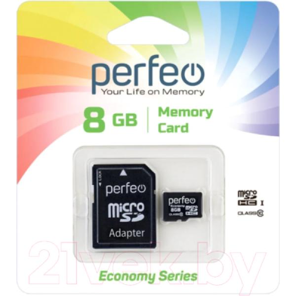 Карта памяти Perfeo MicroSDHC 8GB (Class 10) + адаптер / PF8GMCSH10AES